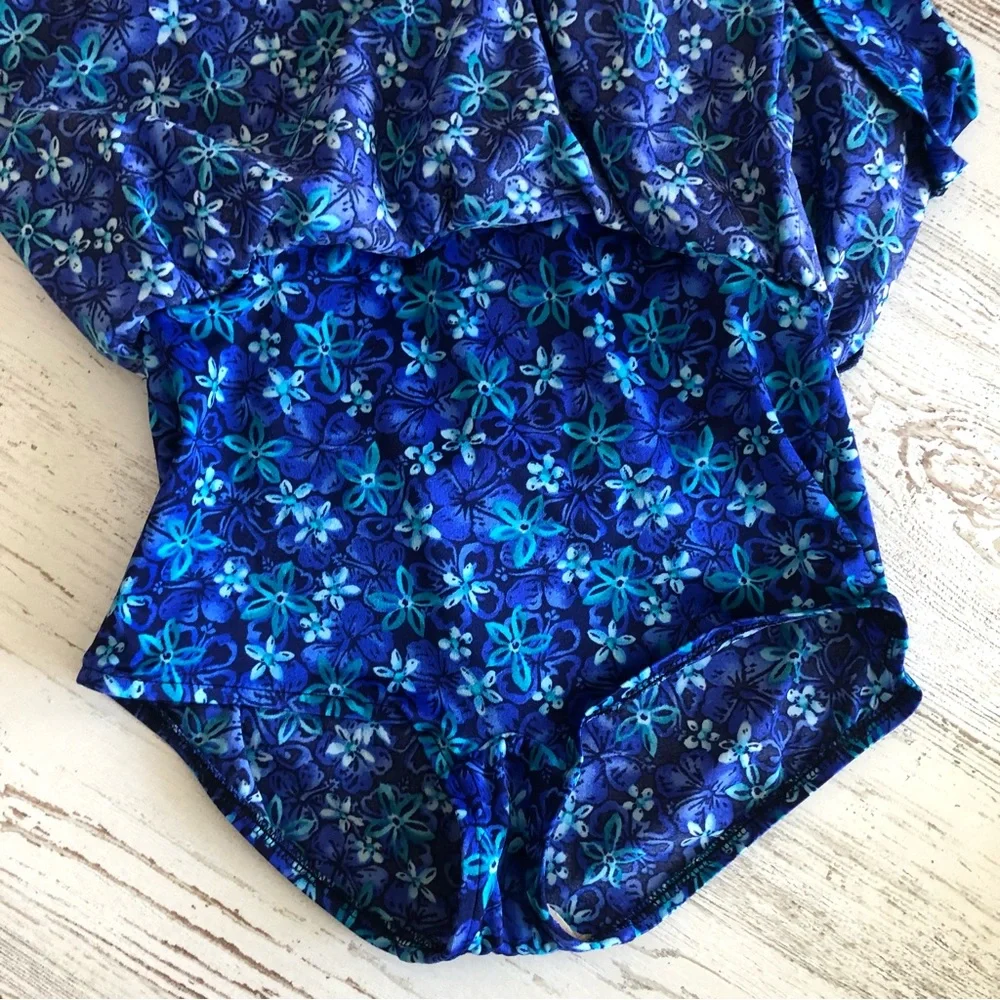 VINTAGE 80s MAXINE OF HOLLYWOOD Floral Skirted One Piece Swimsuit Made in USA 12